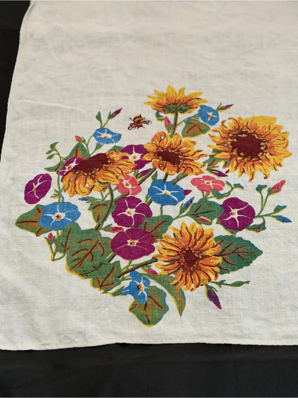 Vintage Printed Linen Tablecloth with Sunflower, Morning Glory & Bee Print
